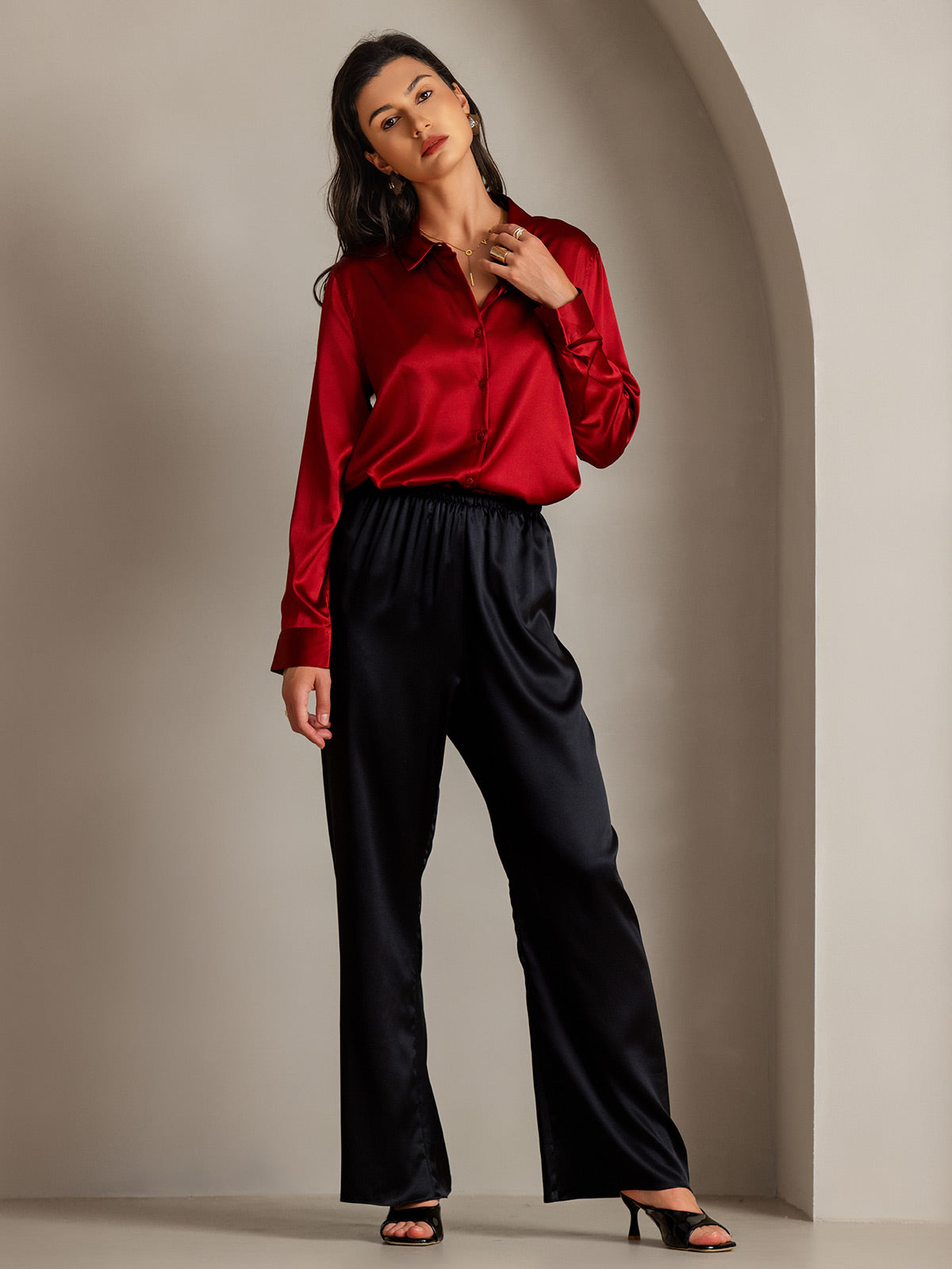 [Red] SilkSilky-UK Silk Collar Women's Shirt 005