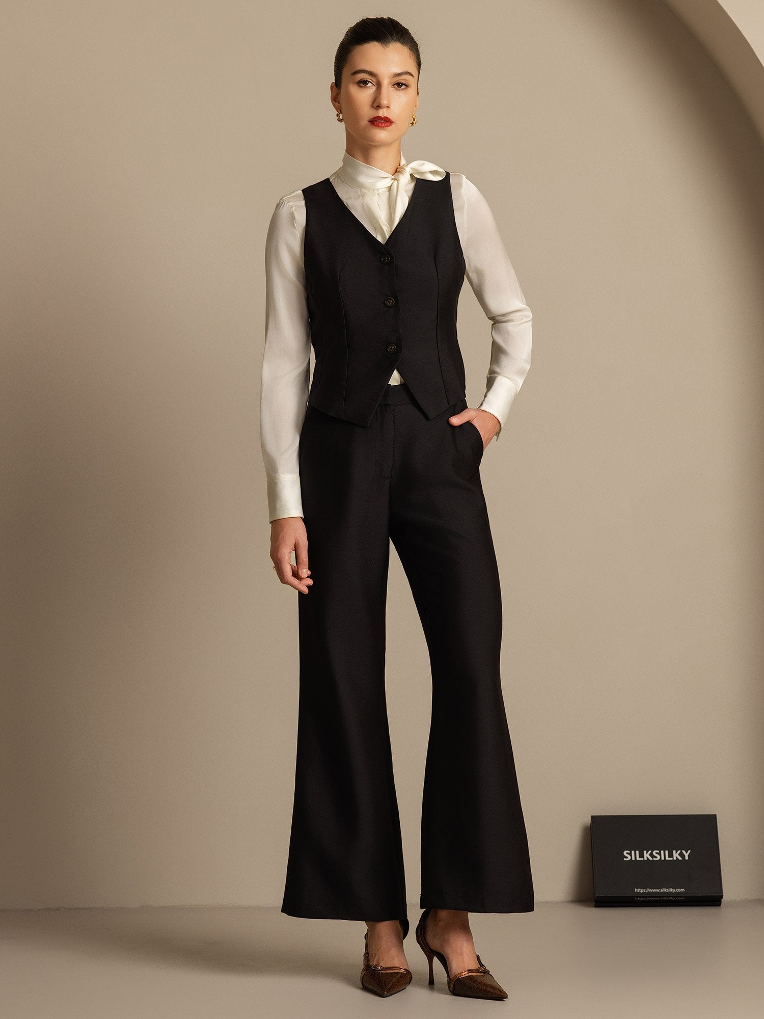 [Black] SilkSilky-UK 32Momme Silk-Wool Blend Womens Pants 006,