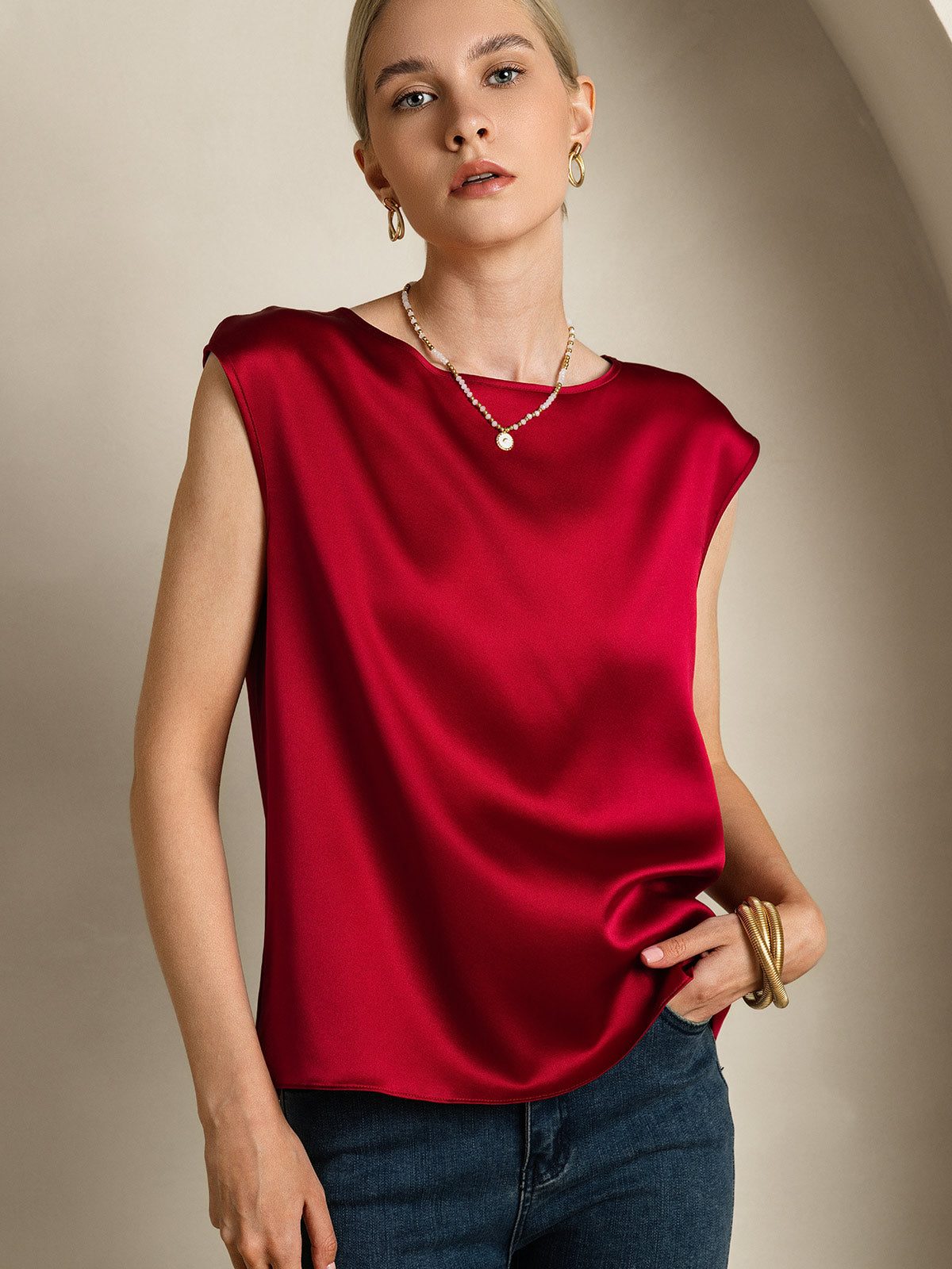 [Wine] SilkSilky-UK 19Momme Silk Round Neck Women's T-Shirt 003