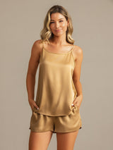 [Tan] SilkSilky-UK 19Momme Machine-Washable Silk Spaghetti Strap Round Neck Camisole Set 007