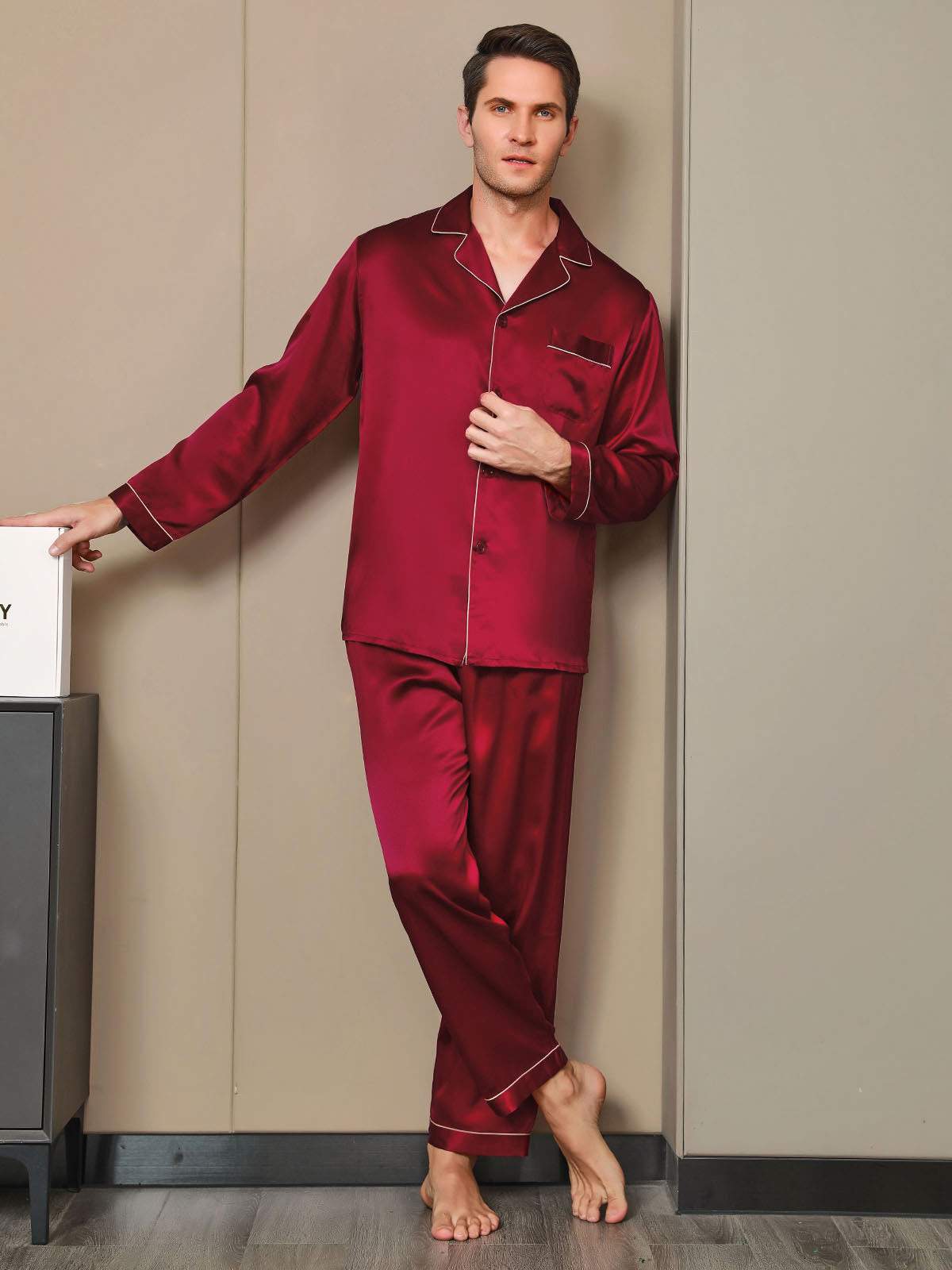 SilkSilky UK Pure Silk Long Sleeve Lapel Men's Pyjamas Wine 004