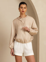 [Tan] SilkSilky-UK 18Momme Silk Satin Surah Long Sleeve Stand Collar Women's Outerwear 003
