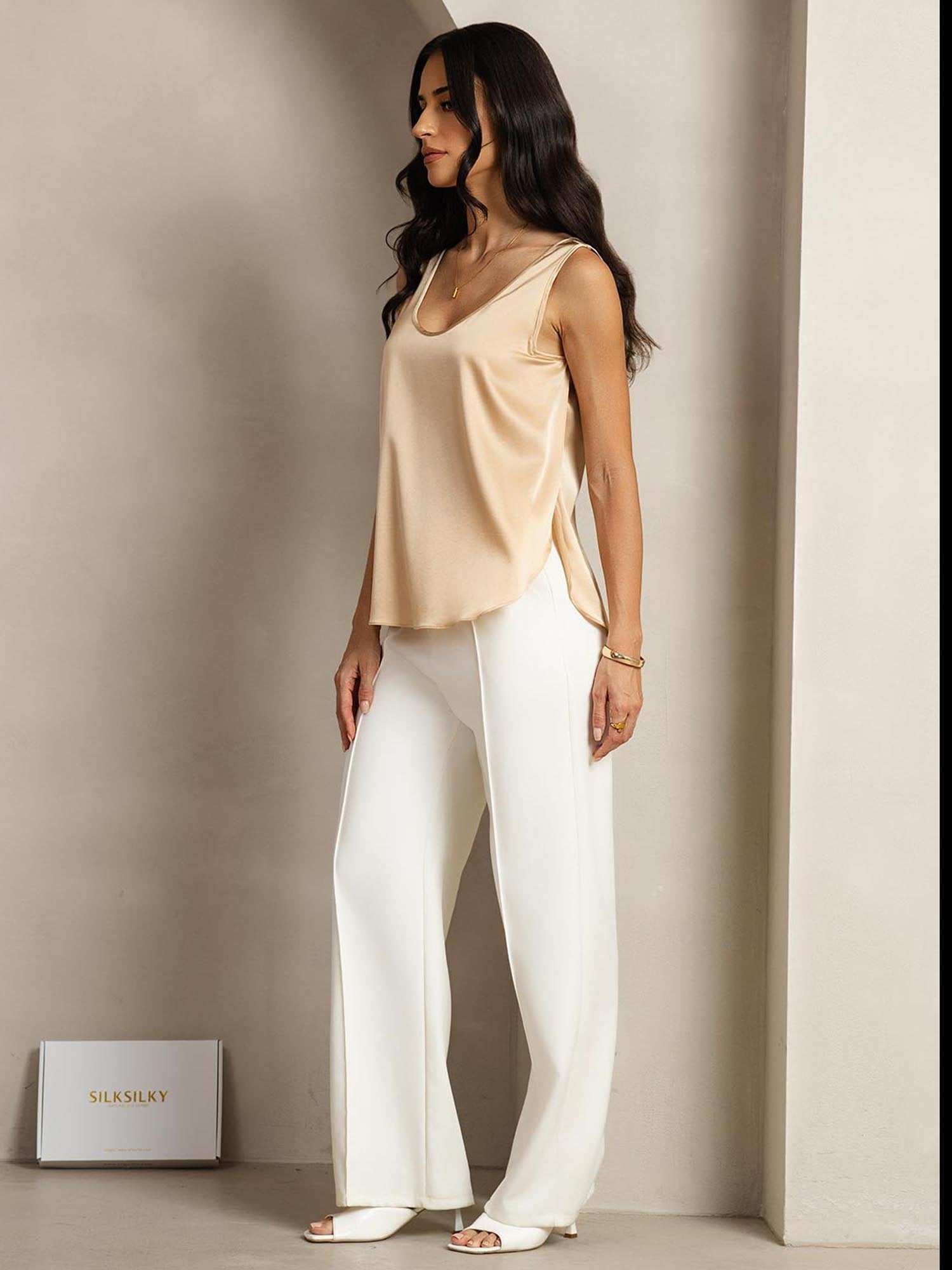 [Champagne] SilkSilky-UK 19Momme Silk U Neck Women's T-Shirt 003