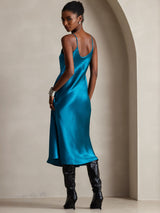 [Teal] SilkSilky-UK Spaghetti Strap V Neck Dress 002