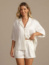 [White] SilkSilky-UK 19Momme Machine-Washable Silk Half Sleeve Notch Collar Women's Pyjamas 007