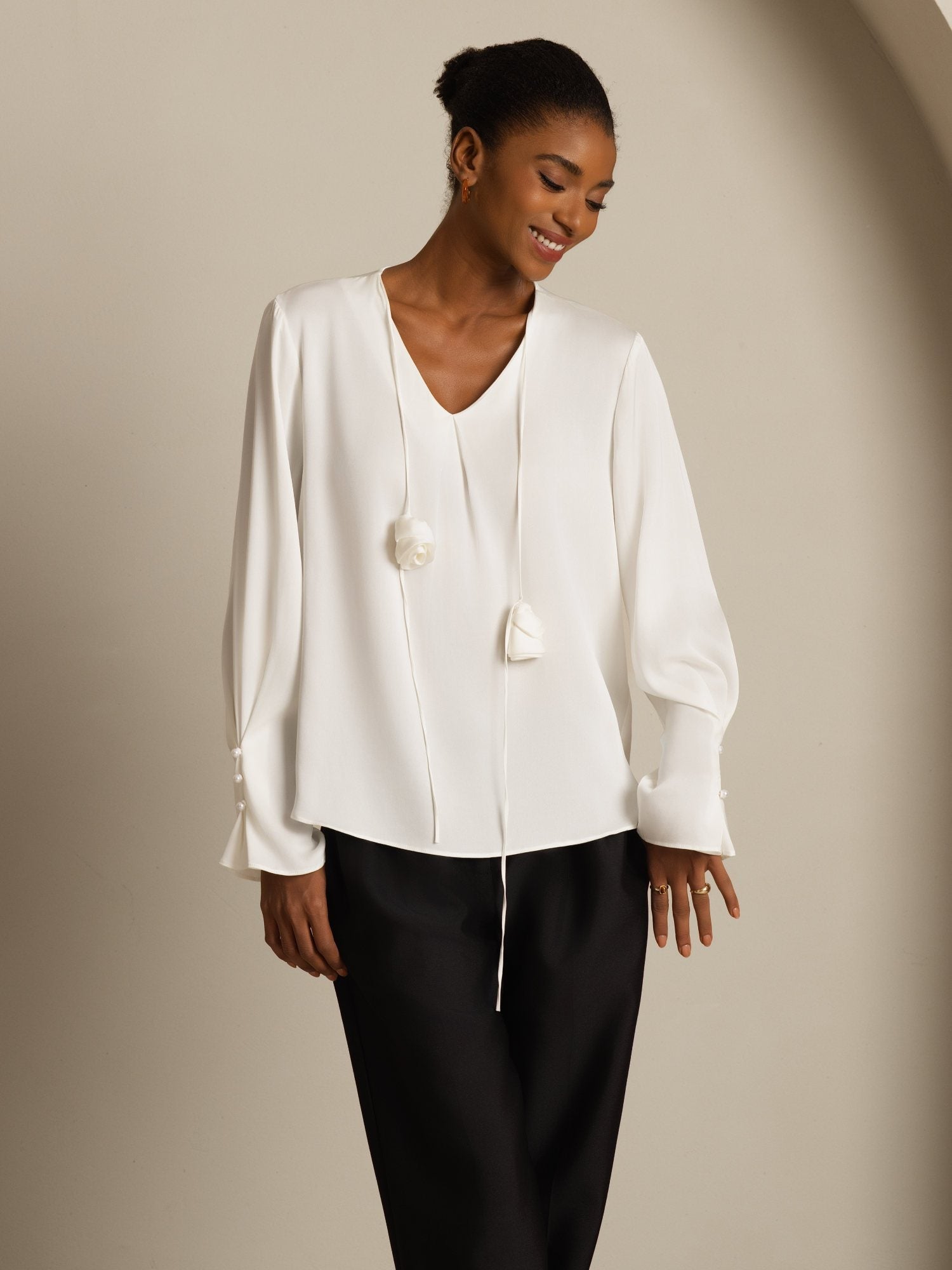 [White] SilkSilky-UK 19Momme Stretch Silk Double Georgette Long Sleeve V Neck Blouse 005