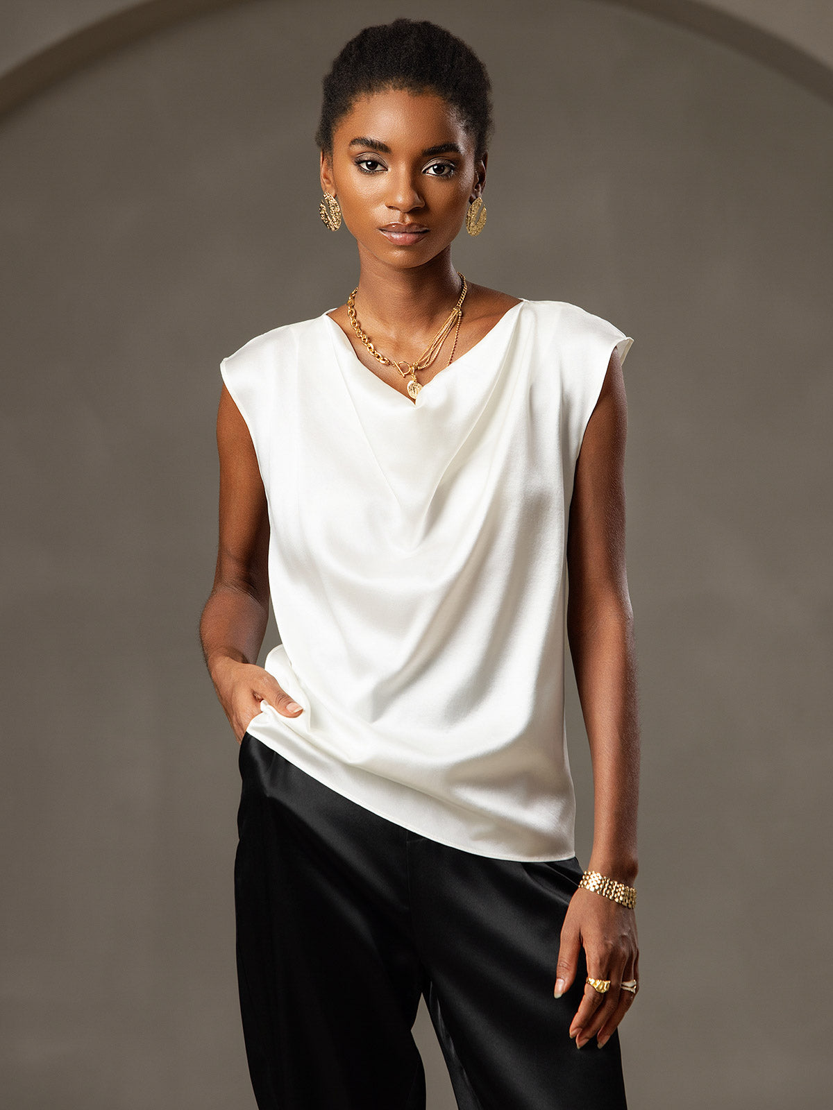 [White] SilkSilky-UK 19Momme Silk Sleeveless Cowl Neck Women's T-Shirt 004