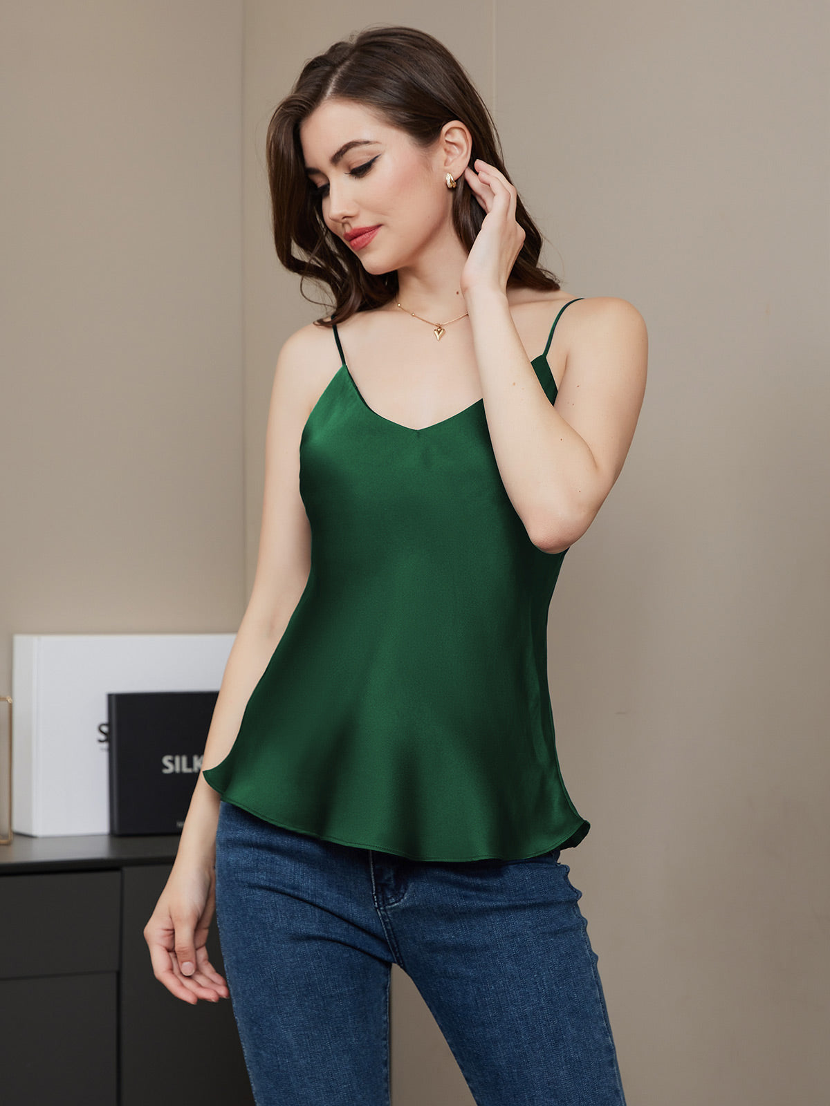 [Dark Green] SilkSilky-UK Pure Silk Sleeveless V Neck Camisole 005