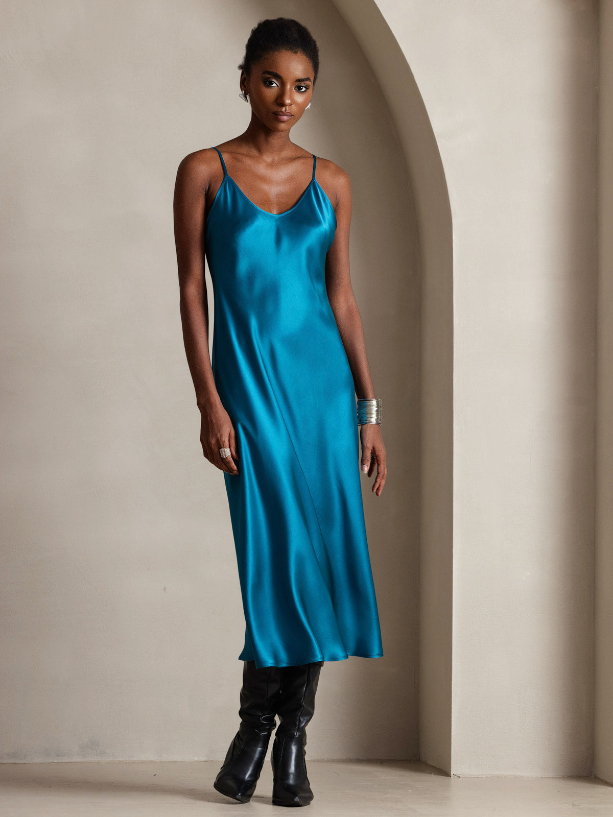 SilkSilky-UK Pure Silk Sleeveless Round Neck Dress Teal 001