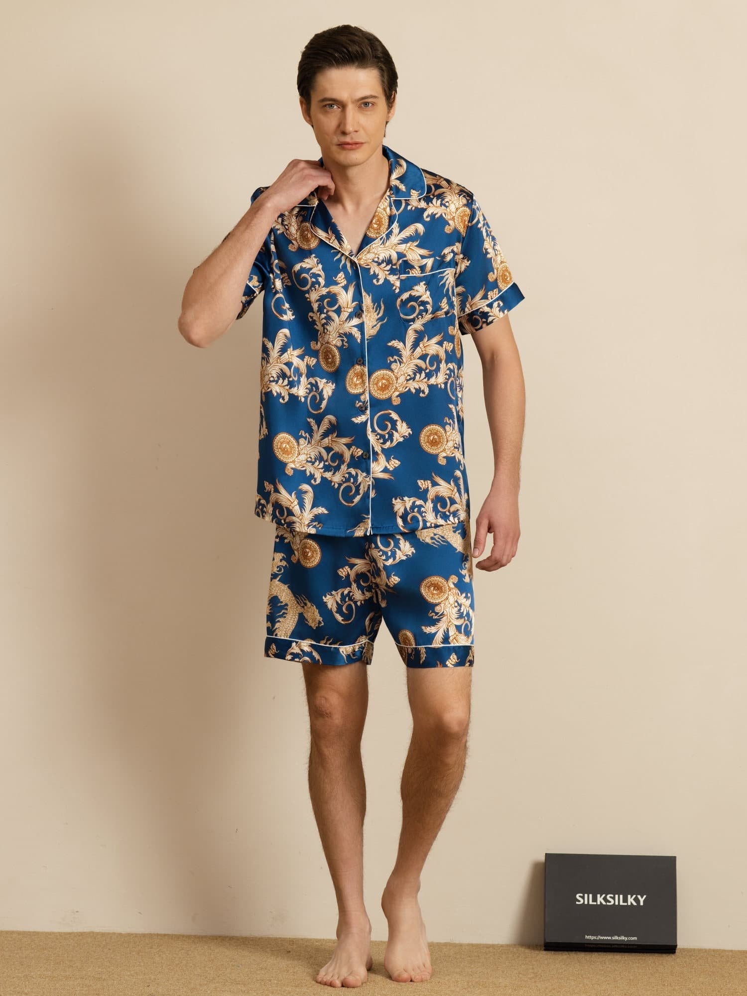 [Navy Dragon] SilkSilky-UK Short Sleeve Notch Collar Men's Pyjamas 006