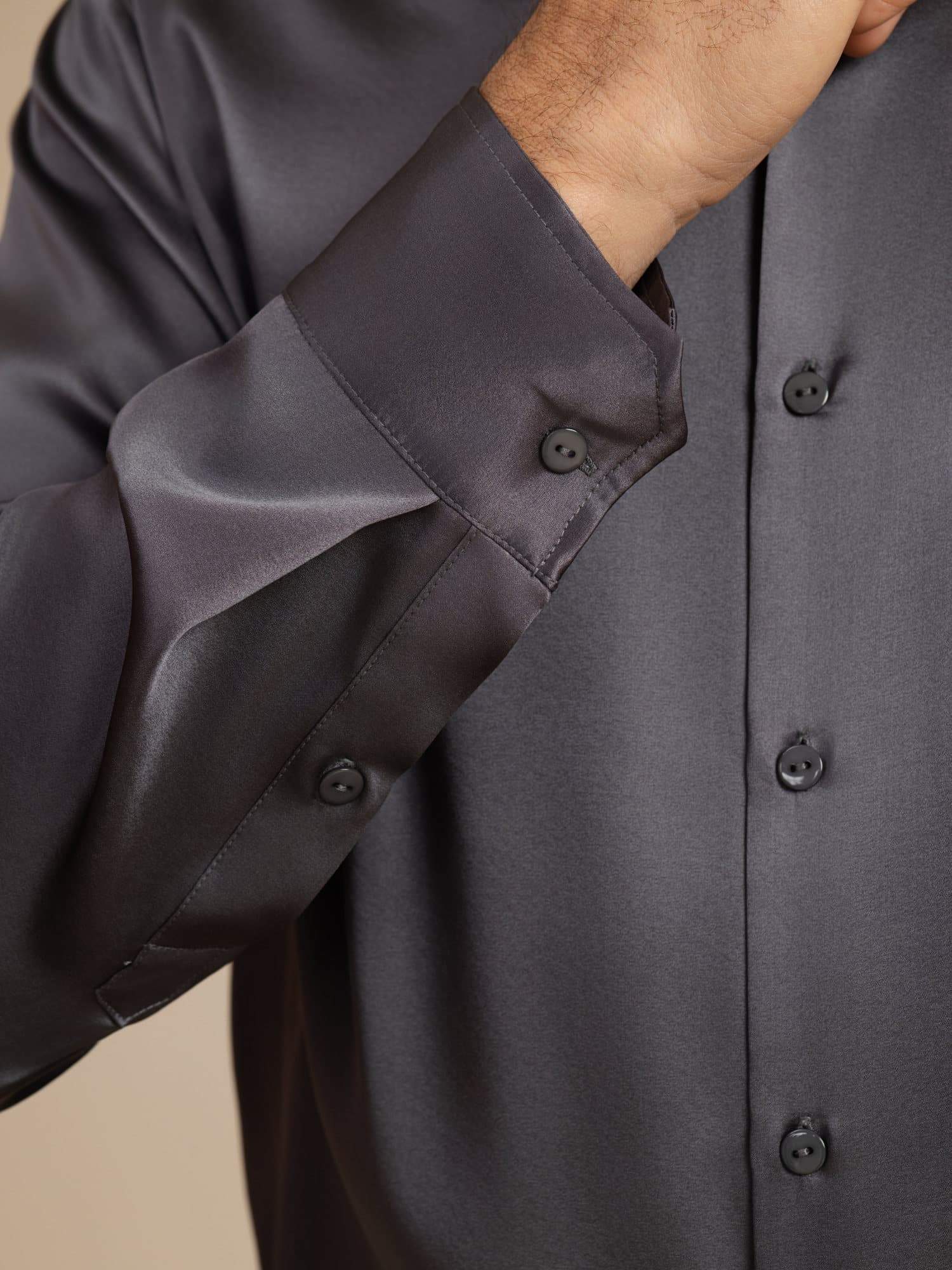 [Dark Gray] SilkSilky-UK 19Momme Stretch Silk Charmeuse Long Sleeve Lapel Collar Men's Shirt 007