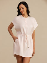 [Pink] SilkSilky-UK 18Momme Silk Satin Surah Cap Sleeve Henley Neck Dress 003