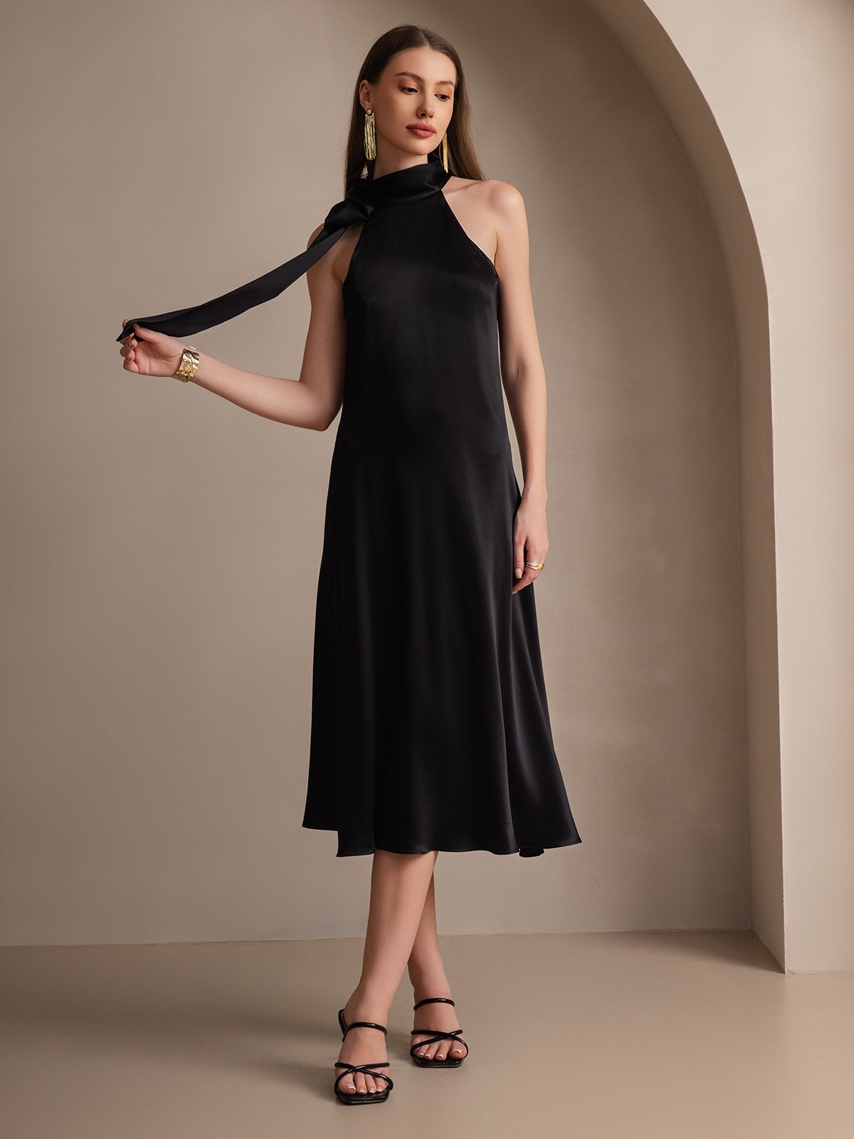 [Black] SilkSilky-UK 19Momme Silk Sleeveless Tie Neck Dress 001