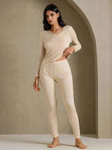 [Beige] SilkSilky-UK Long Sleeve V Neck Women's Long Johns 006