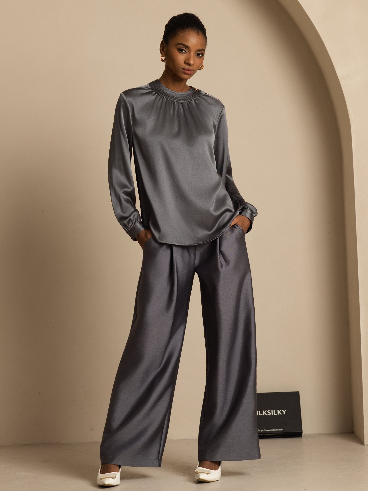 [DarkGray] SilkSilky-UK 19Momme Silk Long Sleeve Round Neck Blouse 003