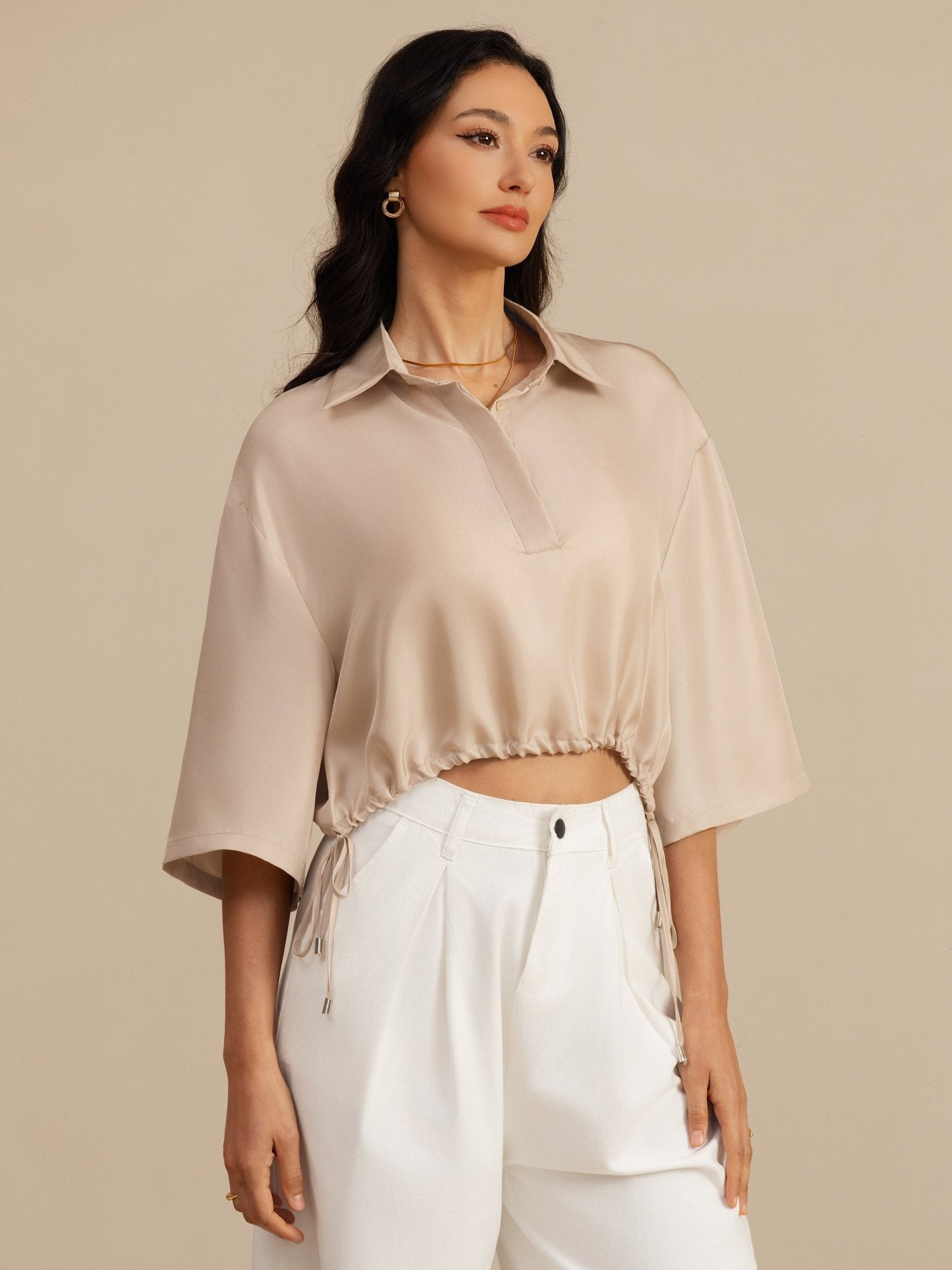 [Tan] SilkSilky-UK 18Momme Silk Satin Surah Half Sleeve Lapel Collar Blouse 001