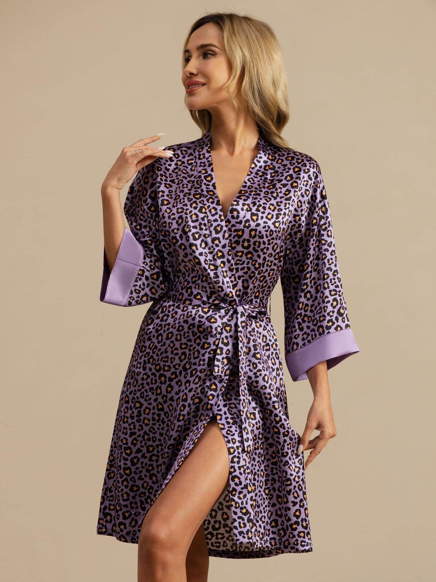 [Purple Leopard] SilkSilky-UK 19Momme 3/4 Sleeve Women's Dressing Gown 003
