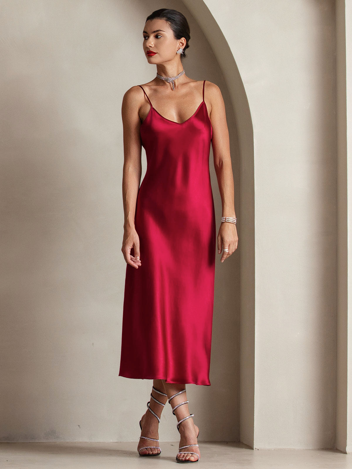 [Wine] SilkSilky-UK Spaghetti Strap V Neck Dress 001