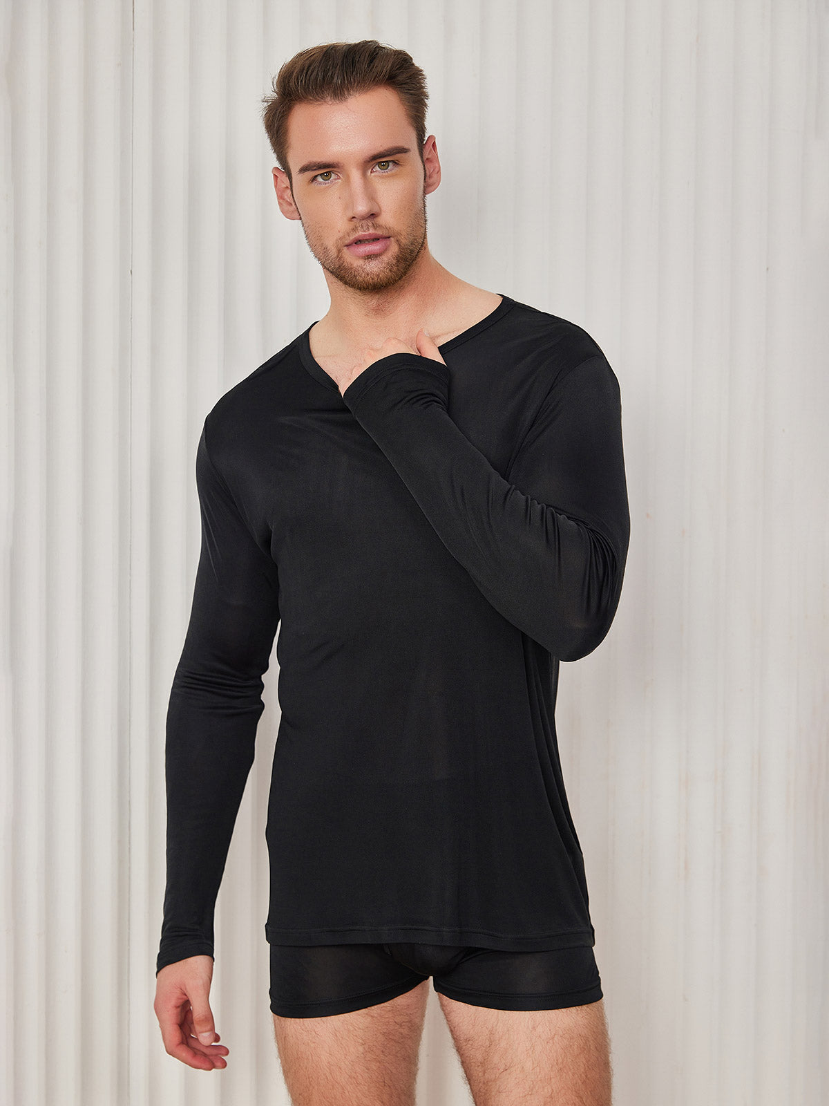 [Black] SilkSilky-UK 100% Silk Jersey Long Sleeve Round Neck Men's T-Shirt 005