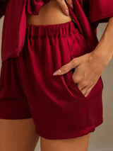 [Wine] SilkSilky-UK 19Momme Machine-Washable Silk Half Sleeve Notch Collar Women's Pyjamas 005