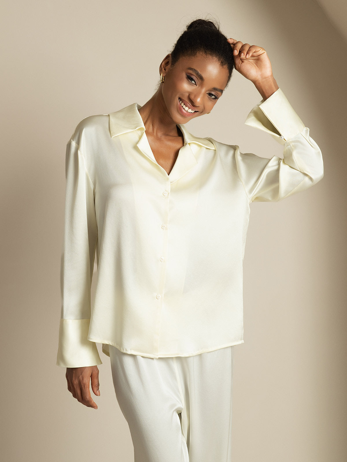 [Ivory] SilkSilky-UK 19Momme Silk Notch Collar Women's Shirt 001