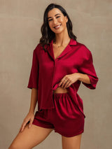 [Wine] SilkSilky-UK 19Momme Machine-Washable Silk Half Sleeve Notch Collar Women's Pyjamas 006