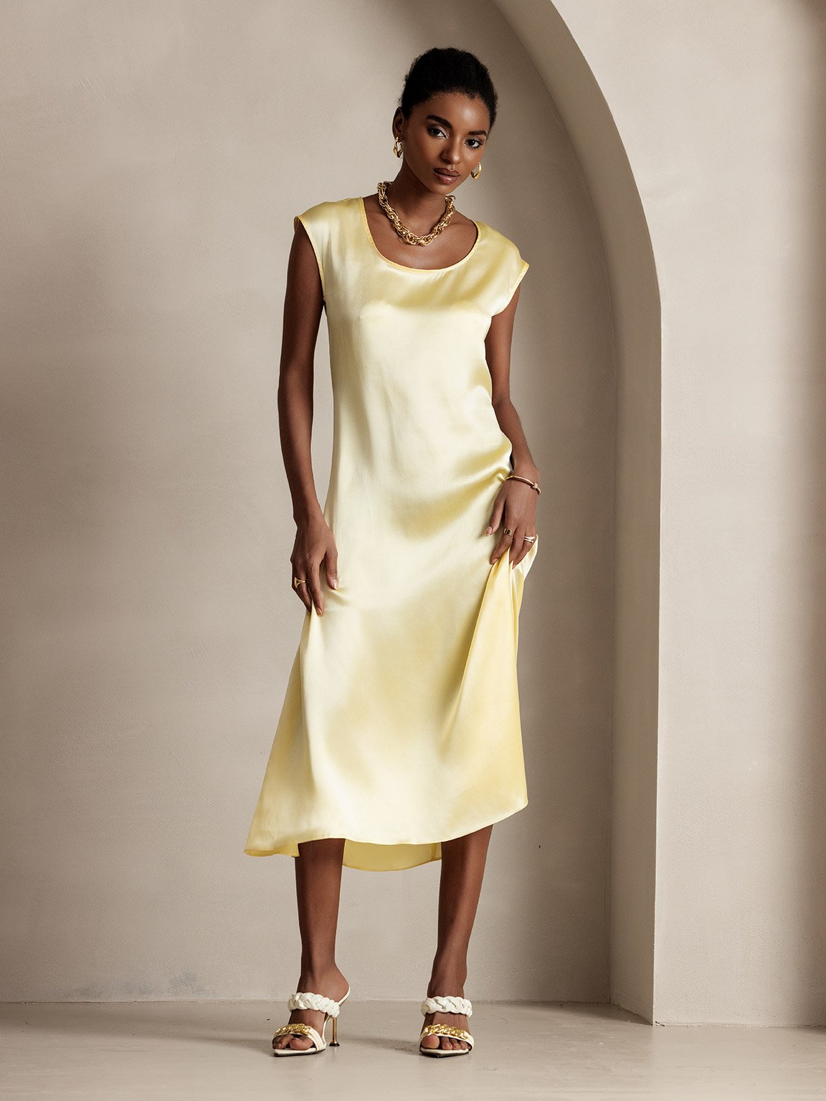 [Light Yellow] SilkSilky-UK 19Momme Silk Cap Sleeve Round Neck Dress 005