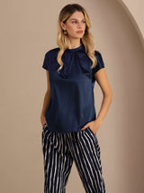 [Dark Blue] SilkSilky-UK Short Sleeve Split Women's Blouse 004