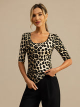 [Leopard] SilkSilky-UK 100% Silk Jersey Half Sleeve Scoop Neck Women's T-Shirt 001