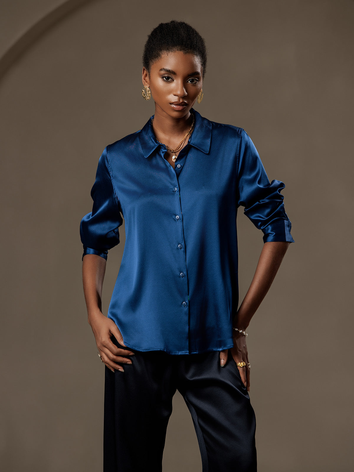 [Teal] SilkSilky-UK Silk Long Sleeve Collar Women's Shirt 001