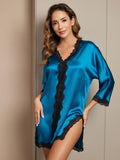 SilkSilky UK Pure Silk 3/4 Sleeve V Neck Nightdress Teal 005