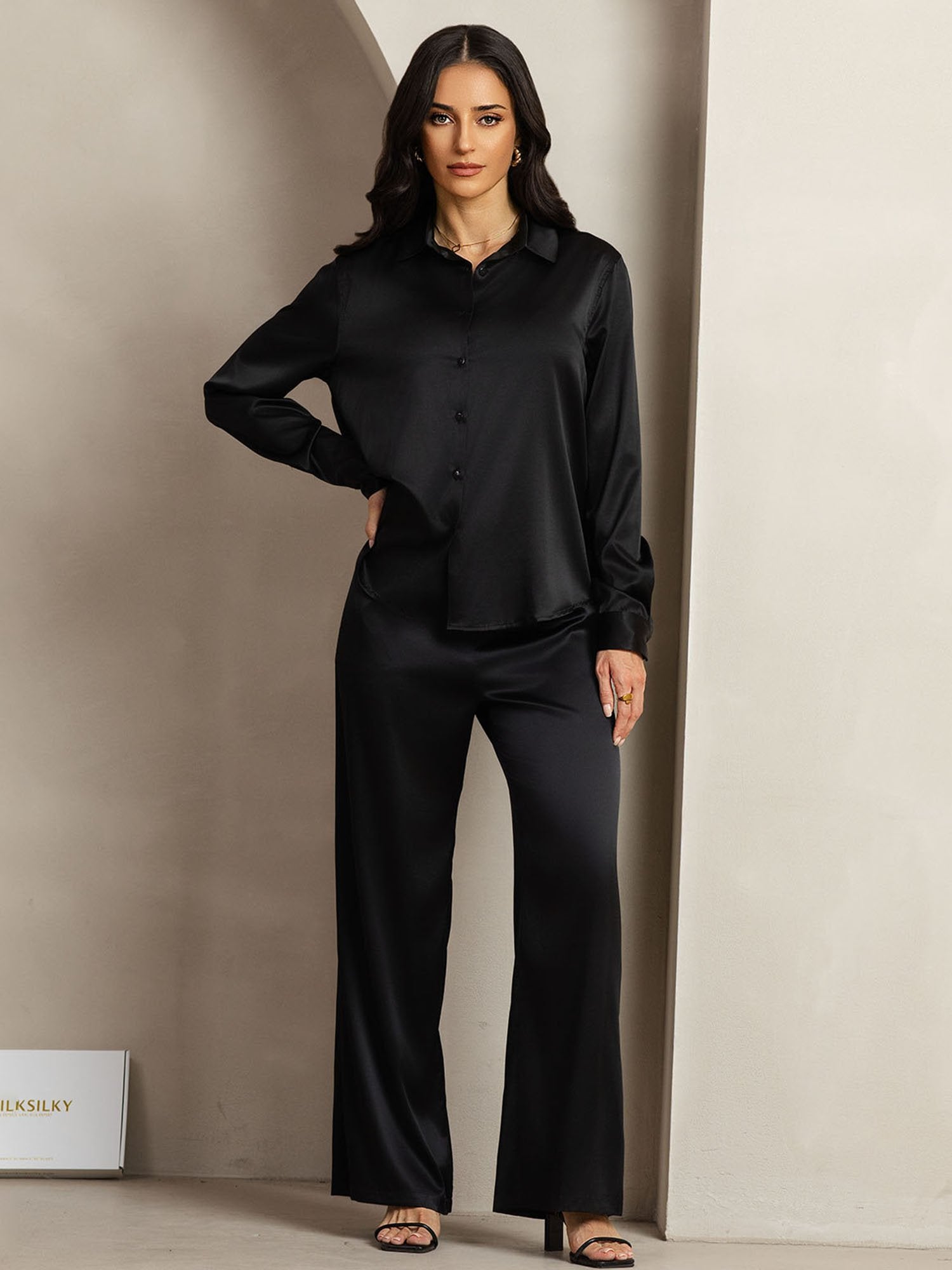 [Black] SilkSilky-UK 19Momme Silk Collar Women''s Outfit Sets 004