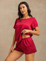 [Wine] SilkSilky-UK 19Momme Machine-Washable Silk Short Sleeve Round Neck Women's Pyjamas 007