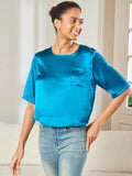 SilkSilky UK Pure Silk Half Sleeve Boat Neck Women's T Shirt Teal 003