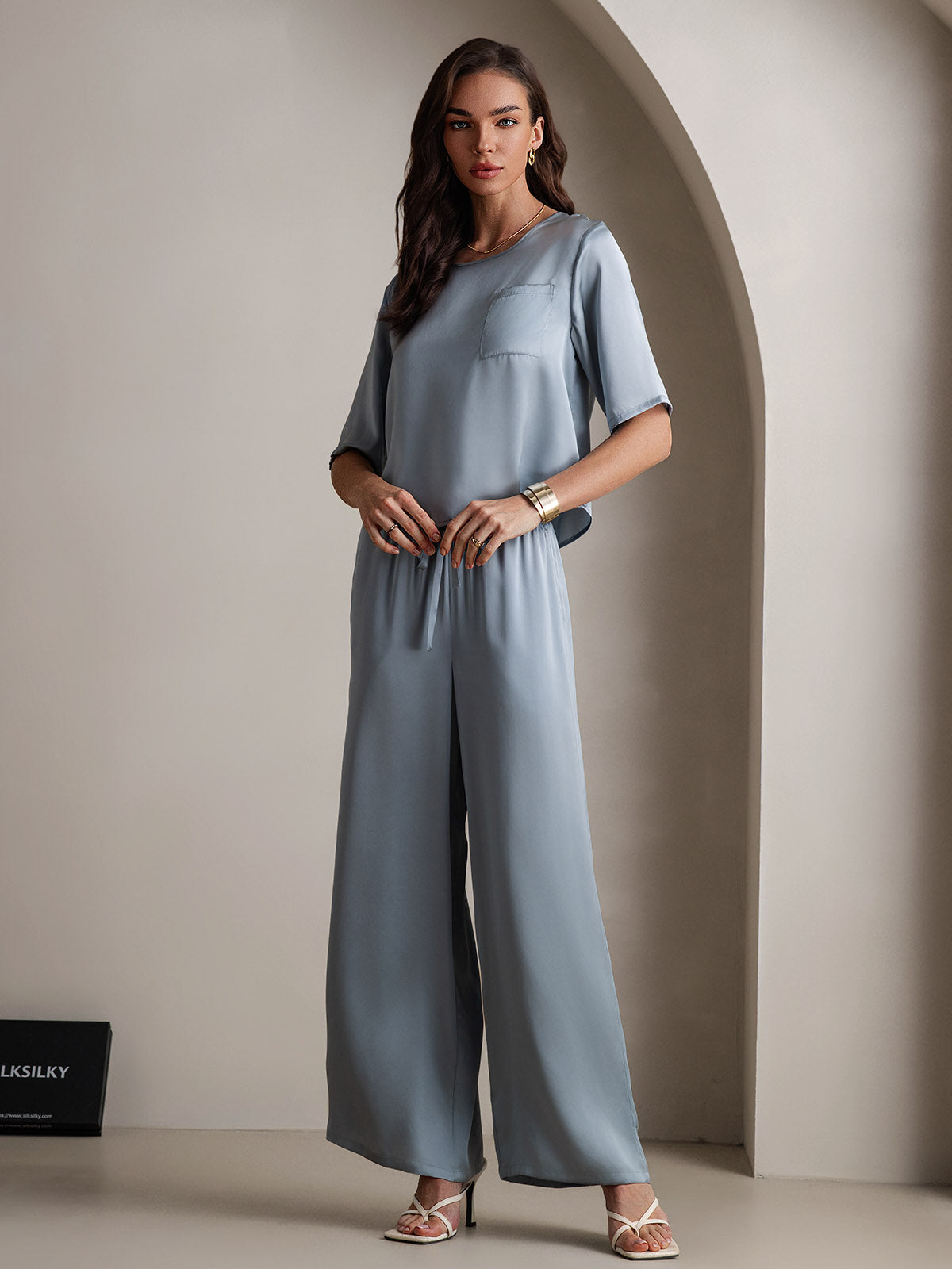 [Grayish Blue] SilkSilky-UK Pure Silk Round Neck Women's Pyjamas 004