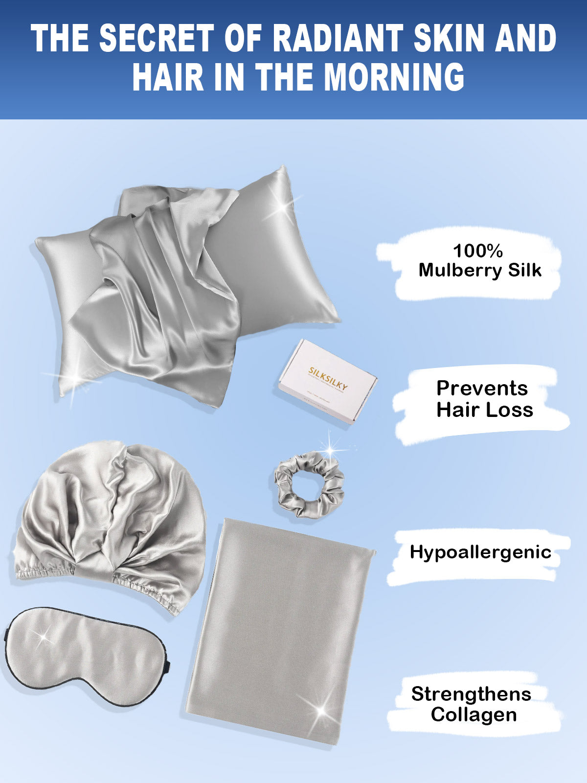 SilkSilky UK 19Momme Pure Silk Pillowcase Set Silver 002