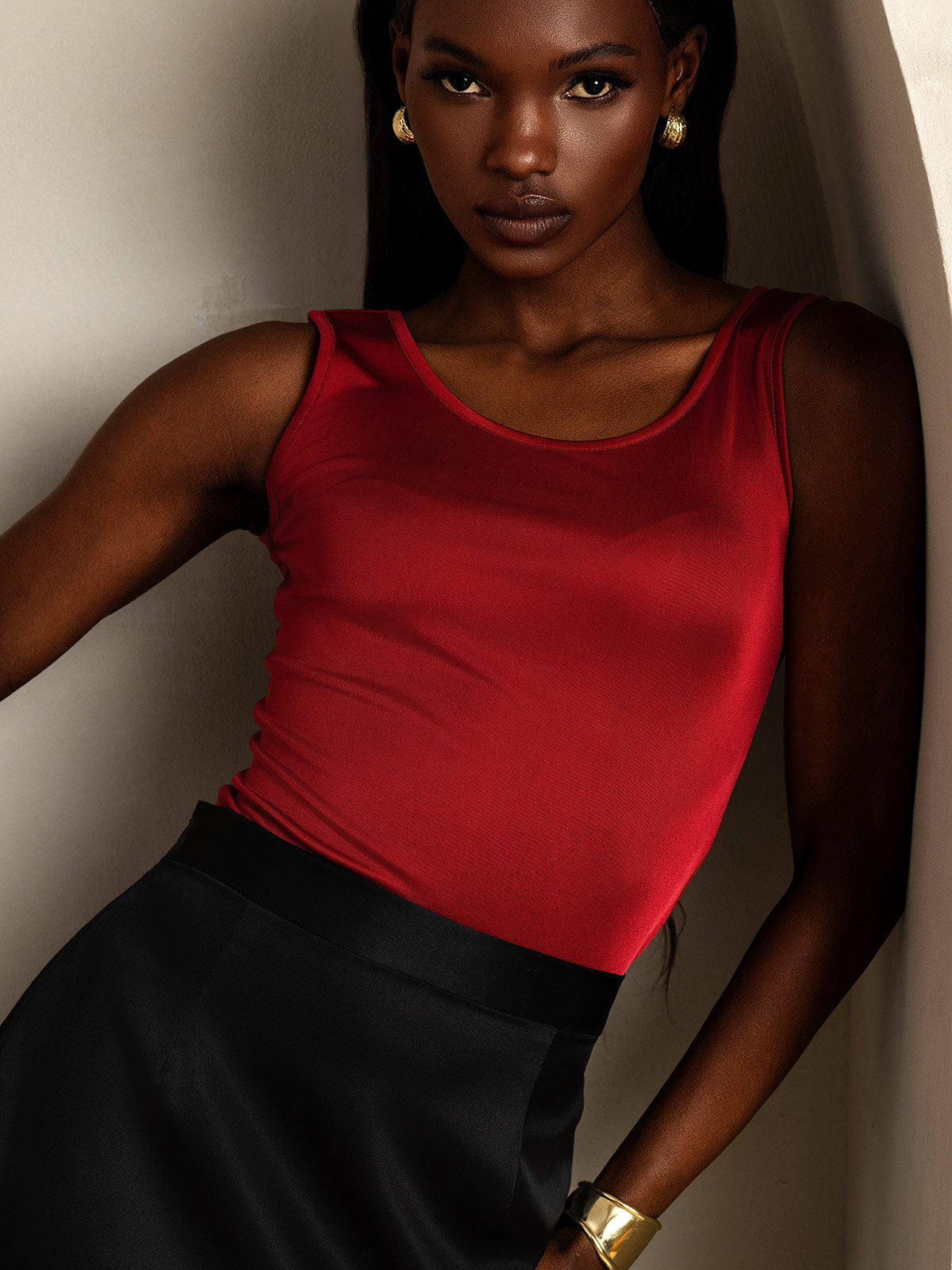 [Wine] SilkSilky-UK Silk Knitted Sleeveless Round Neck Women's T-Shirt 003