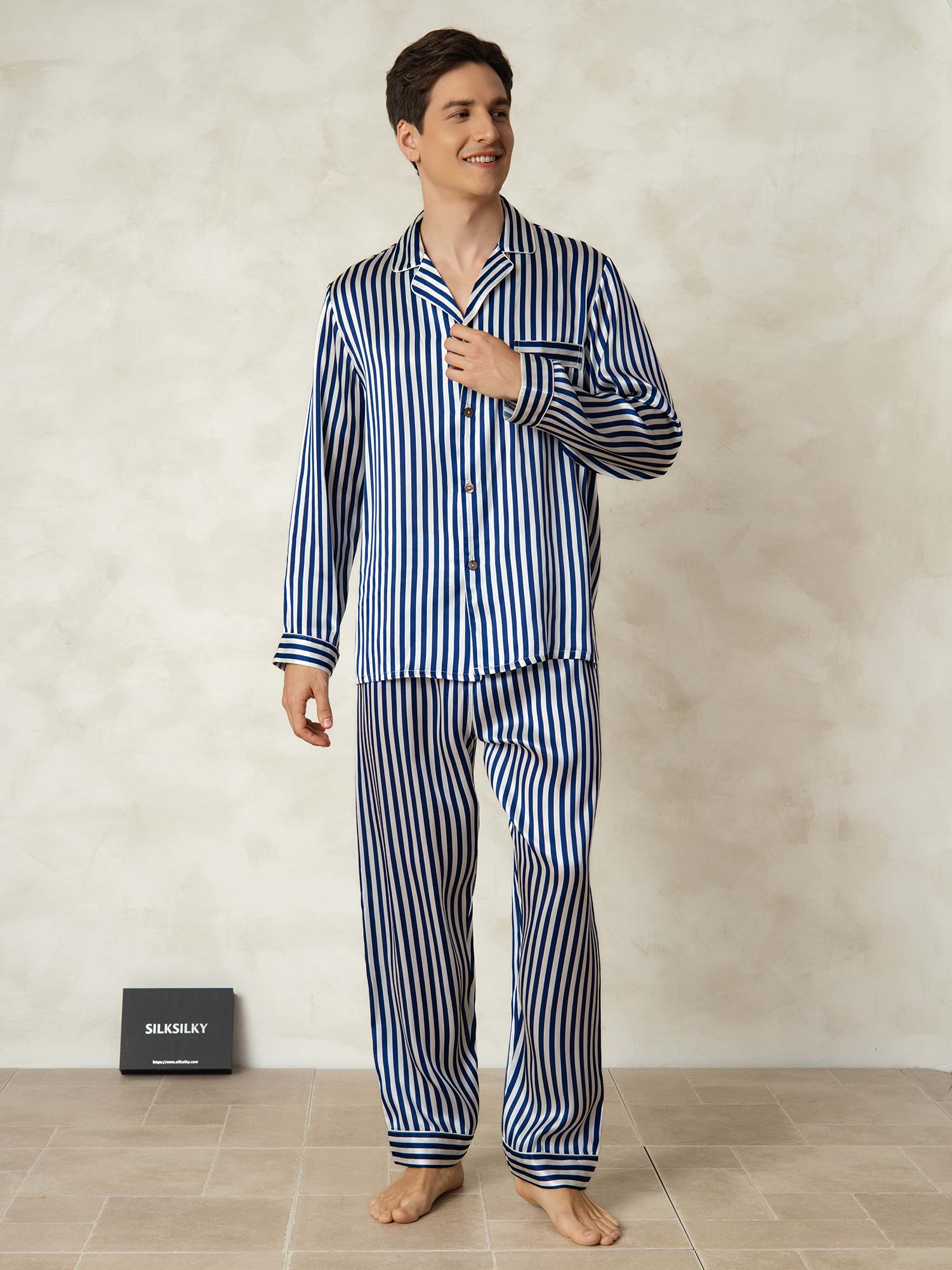 [Navy Stripe] SilkSilky-UK 19Momme Pure Silk Mens Pajamas 003