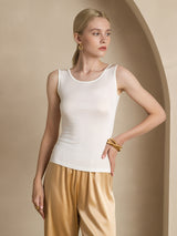 [White] SilkSilky-UK 100% Silk Jersey Sleeveless Round Neck Women's T-Shirt 004