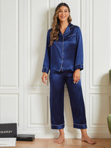 [Dark Blue] SilkSilky-UK Pure Silk Long Sleeve Notch Collar Women's Pyjamas 004