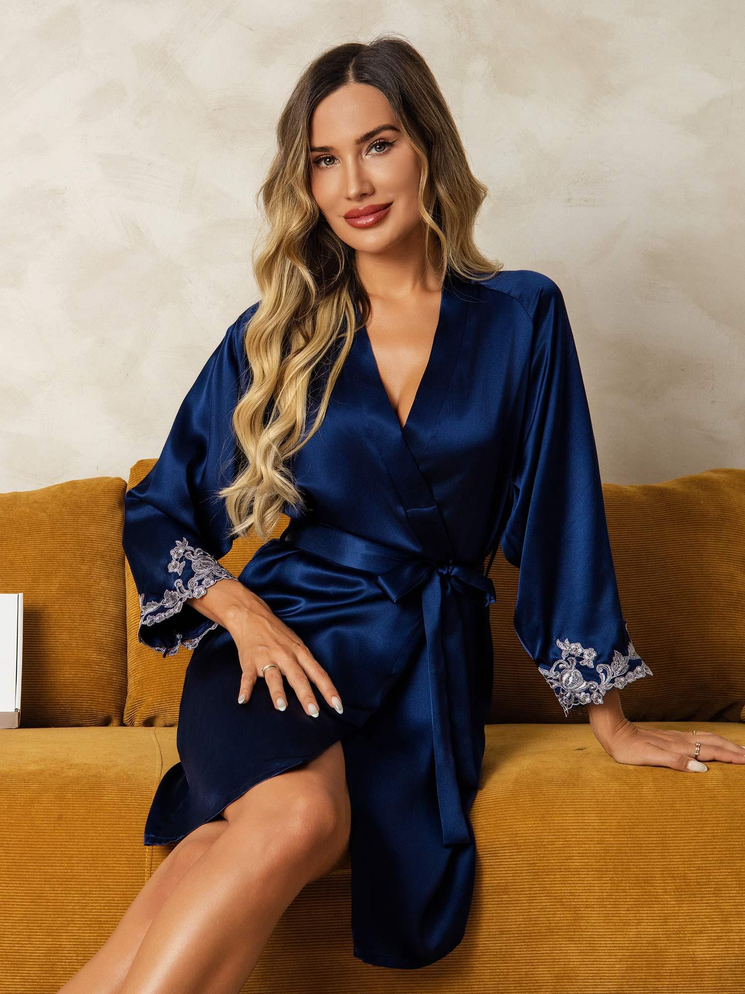[Dark Blue] SilkSilky-UK Pure Silk Wrap Women's Dressing Gown 004