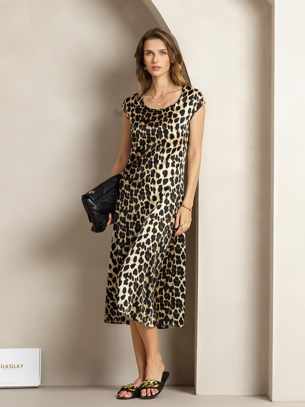 [Leopard] SilkSilky-UK 19Momme Silk Round Neck Dress 006