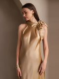 SilkSilky UK 19Momme Silk Sleeveless Tie Neck Dress Champagne 003