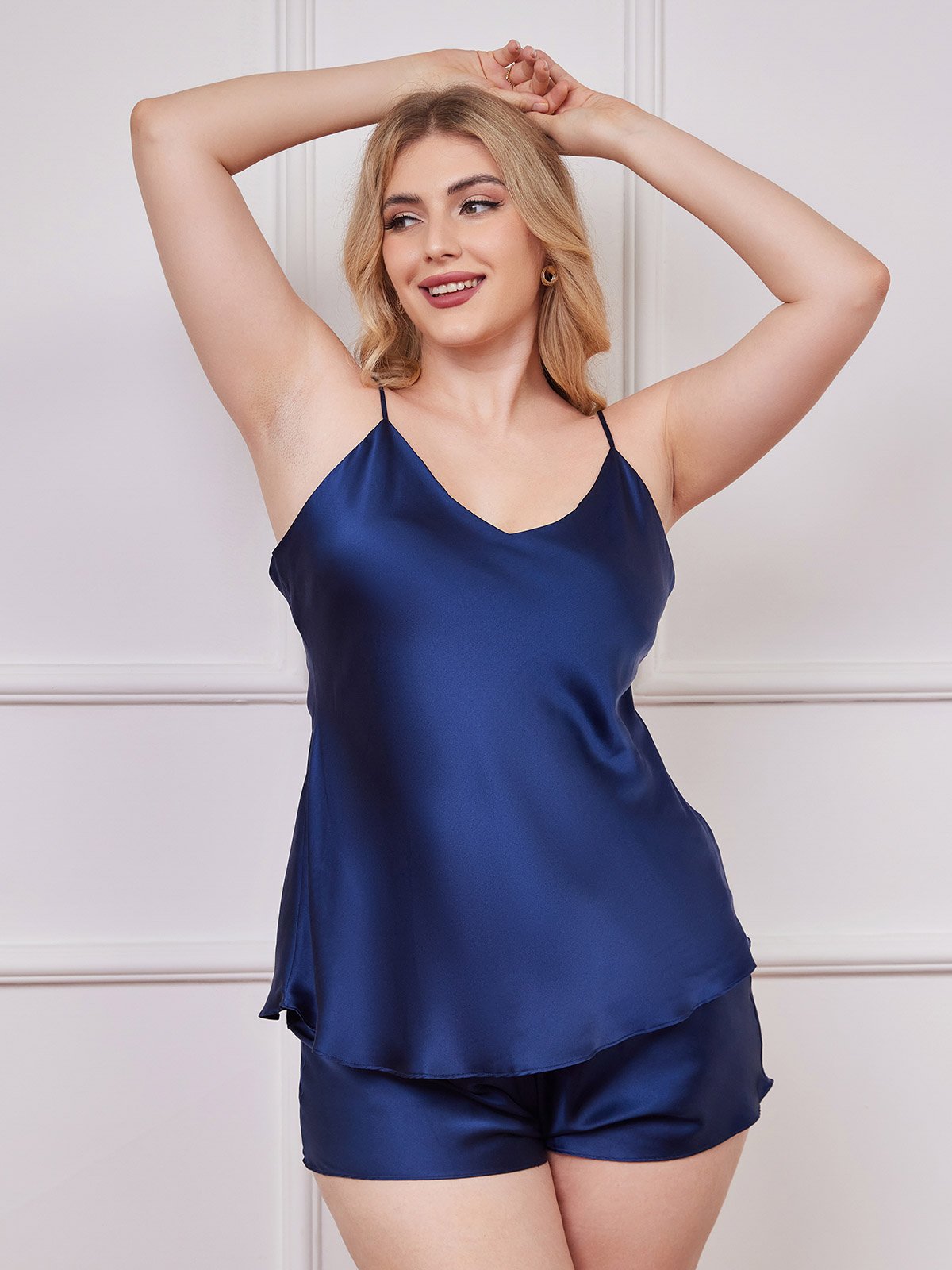 SilkSilky UK Pure Silk V Neck Plus Size Camisole Set DarkBlue 001