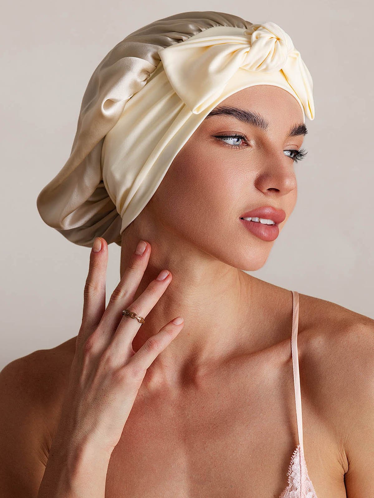 [Beige] SilkSilky-UK Pure Silk Sleep Cap 001