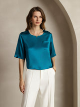[Teal] SilkSilky-UK Half Sleeve Scoop Neck Women's T-Shirt 001