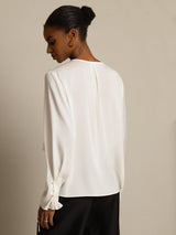[White] SilkSilky-UK Long Sleeve V Neck Women's Blouse 002