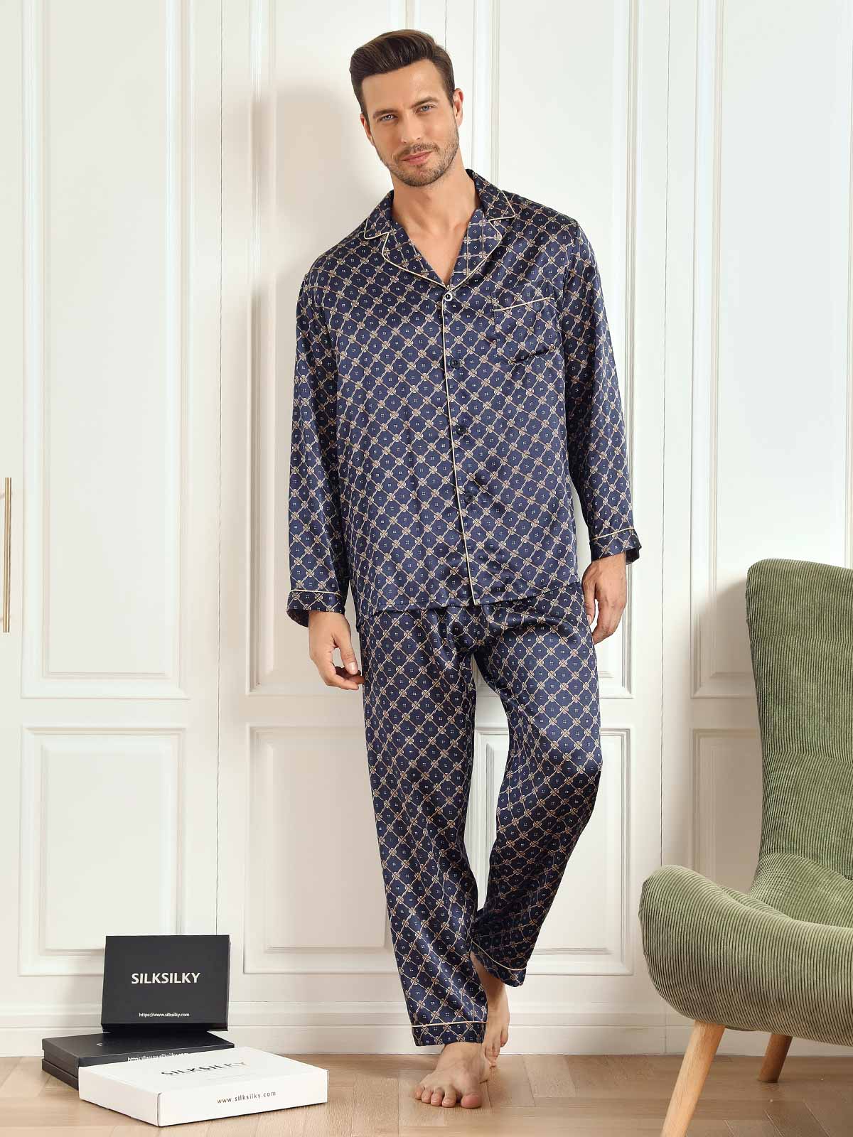 SilkSilky UK 19Momme Pure Silk Long Sleeve Lapel Men's Pyjamas DarkBlue 002