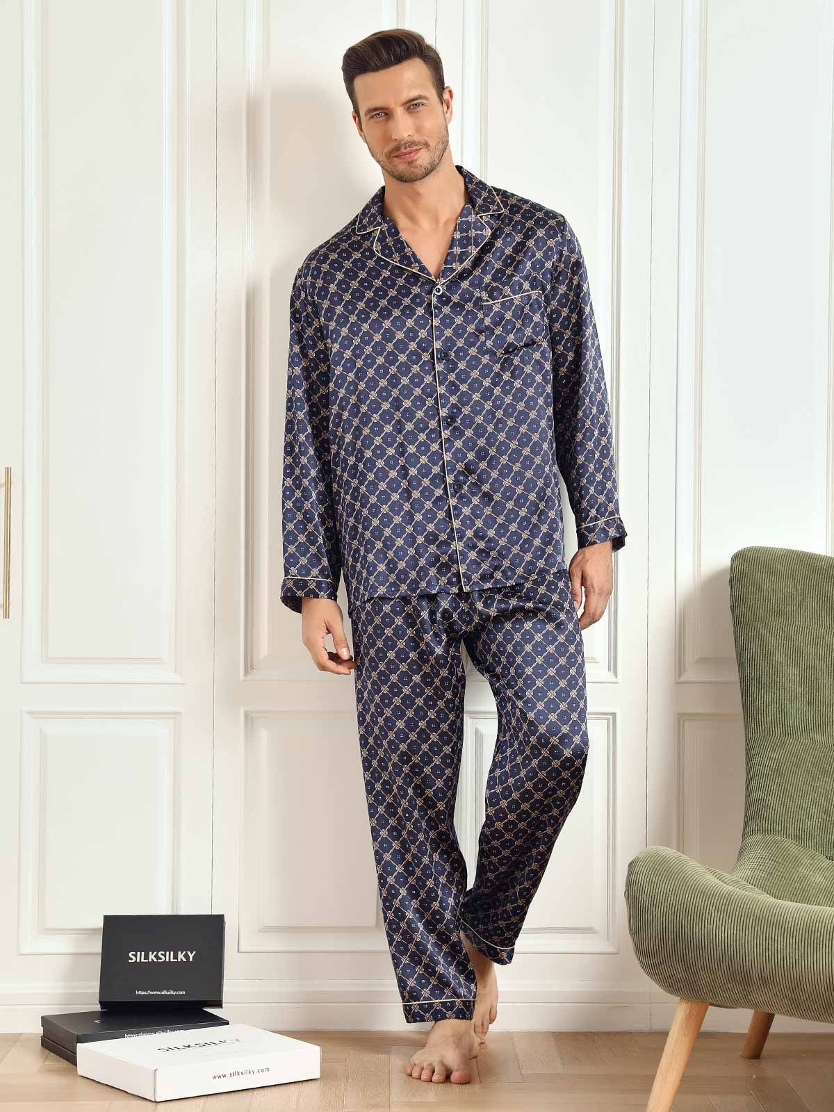 [Navy Chain] SilkSilky-UK 19Momme Long Sleeve Notch Collar Men's Pyjamas 002