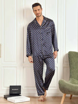 [Navy Chain] SilkSilky-UK 19Momme Long Sleeve Notch Collar Men's Pyjamas 008